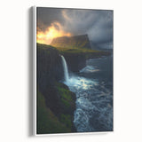 Framed canvas artwork depicting a breathtaking cliff landscape, showcasing vibrant colors and intricate details, elegantly displayed against a white background, perfect for home decor.