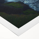 Vibrant rolled canvas artwork showcasing a stunning cliff landscape at sunset, featuring rich colors of orange, purple, and blue, ideal for home decor.