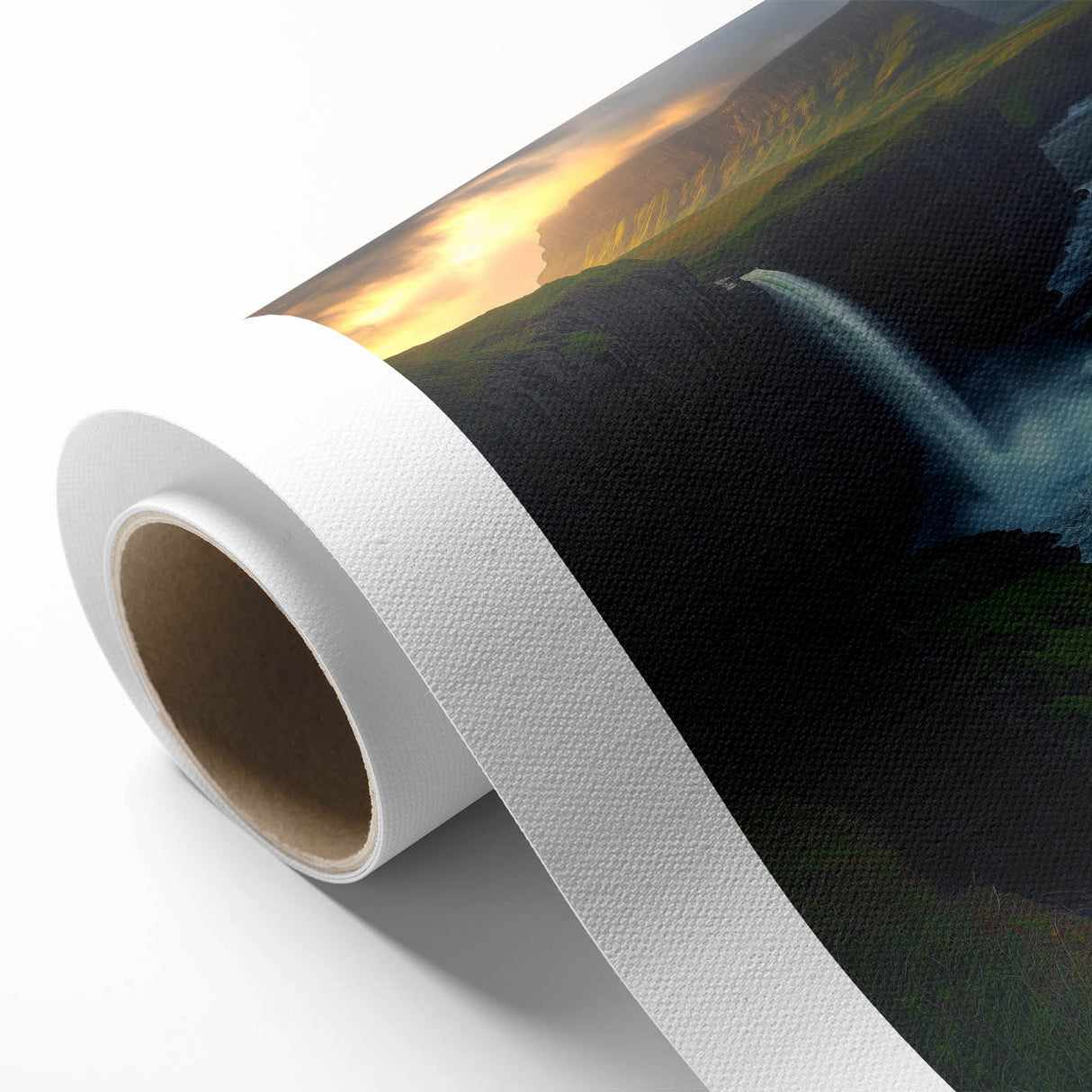 Stunning landscape artwork on rolled canvas depicting majestic cliffs under a vibrant sunset, showcasing rich colors and intricate details, perfect for home decor.