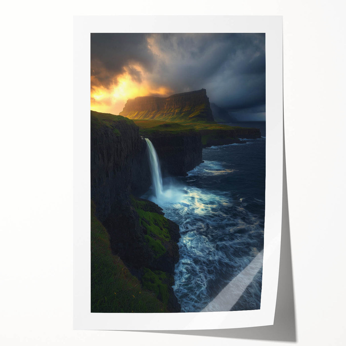 Stunning landscape print showcasing dramatic cliffs and vibrant colors, rolled for easy display. Perfect for home decor enthusiasts seeking natural beauty.