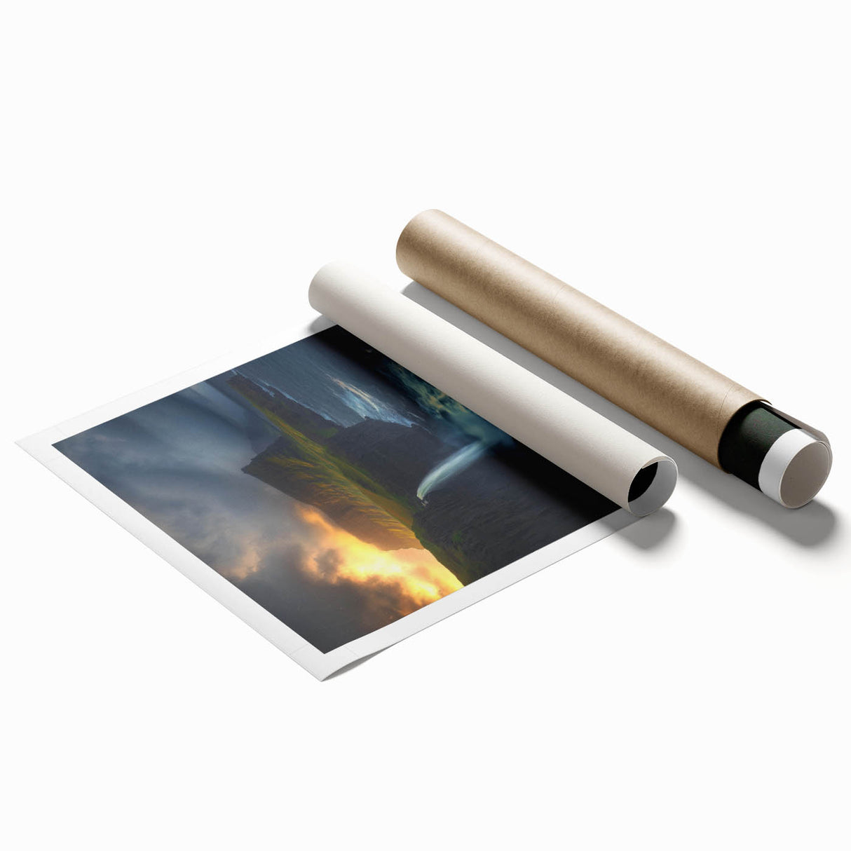 Stunning rolled print of a coastal landscape with dramatic cliffs and vibrant ocean hues, elegantly packaged in a sturdy tube, perfect for home decor.