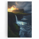 Vibrant stretched canvas artwork depicting dramatic cliffs and a serene landscape at sunset, showcasing rich colors and intricate details, ideal for home decor.