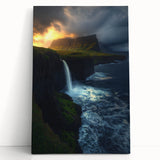 Stretched canvas artwork depicting a stunning landscape of majestic cliffs under a vibrant sunset, showcasing rich colors and dramatic textures, ideal for home decor.
