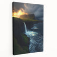 Stretched canvas artwork depicting a dramatic cliff landscape, showcasing vibrant colors and intricate details, ideal for home decor and art enthusiasts.