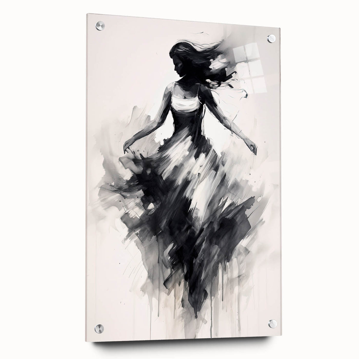 Abstract figurative acrylic artwork displayed in a glass frame, showcasing vibrant colors and intricate designs, with decorative pins enhancing its visual appeal.
