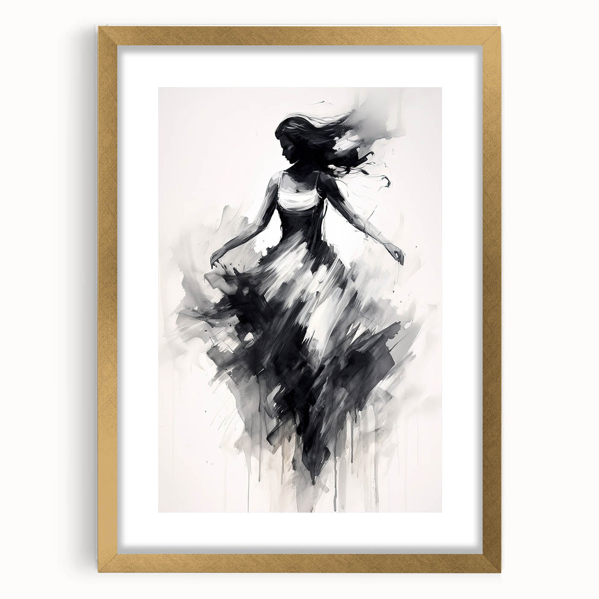 Abstract figurative artwork framed in a gold mat, showcasing intricate designs and vibrant colors. Ideal for modern home decor, adding elegance and style.