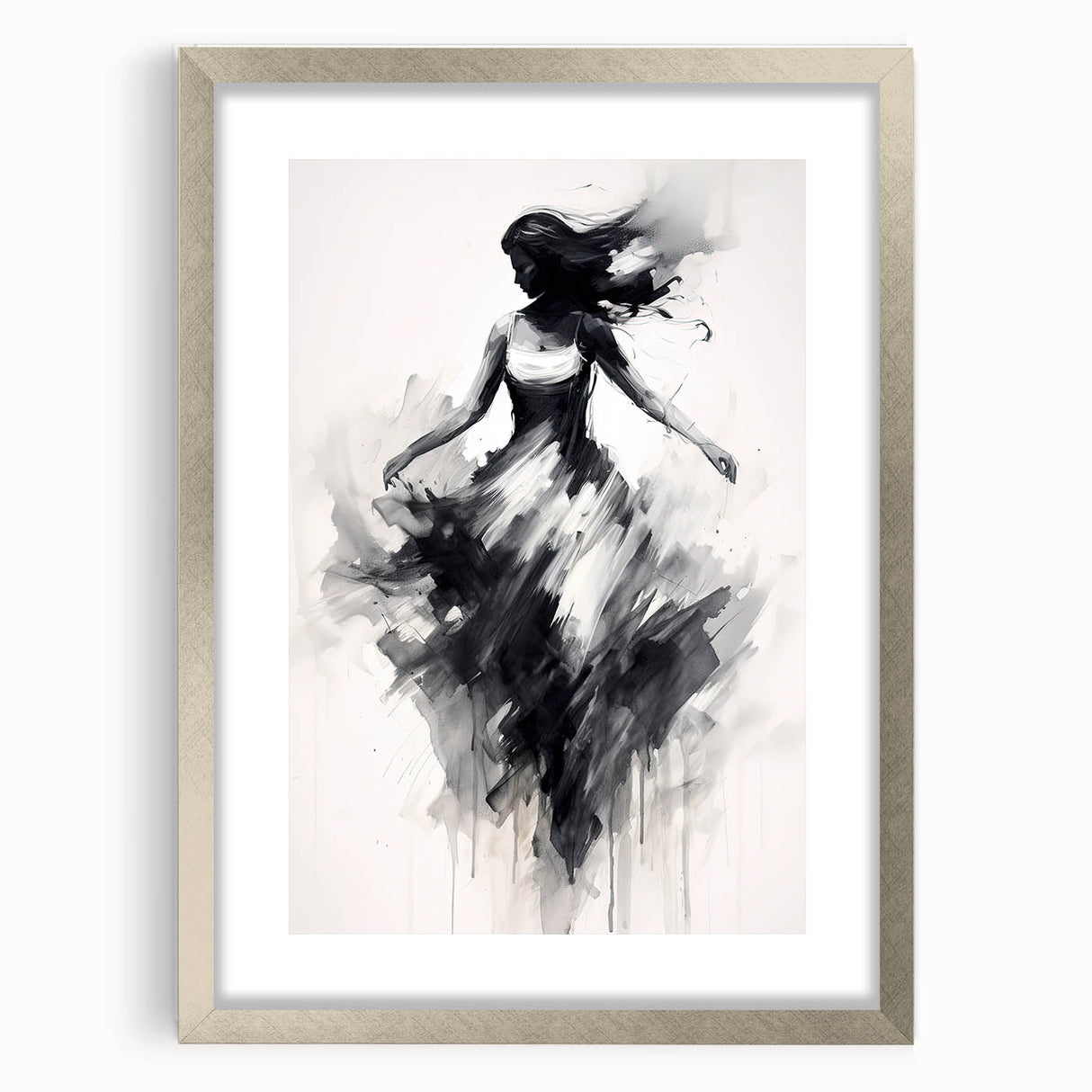 Abstract figurative art frame with a silver mat, showcasing intricate patterns and a modern design, perfect for contemporary home decor.