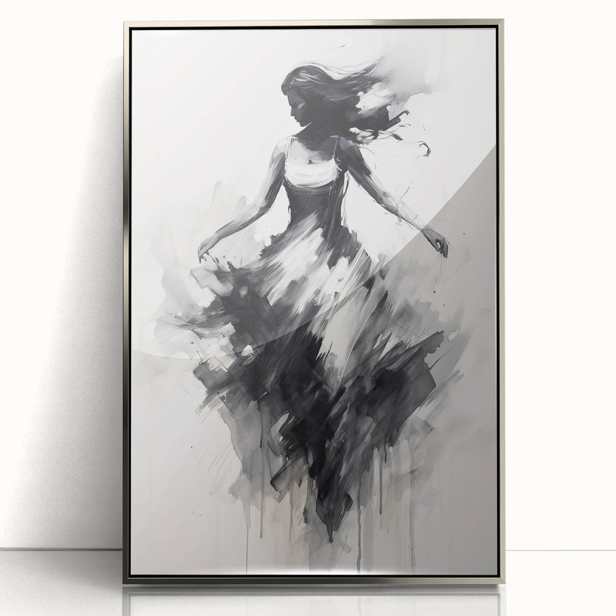 Framed abstract figurative art piece showcasing a silver-toned design, elegantly highlighting modern aesthetics, perfect for contemporary home decor.