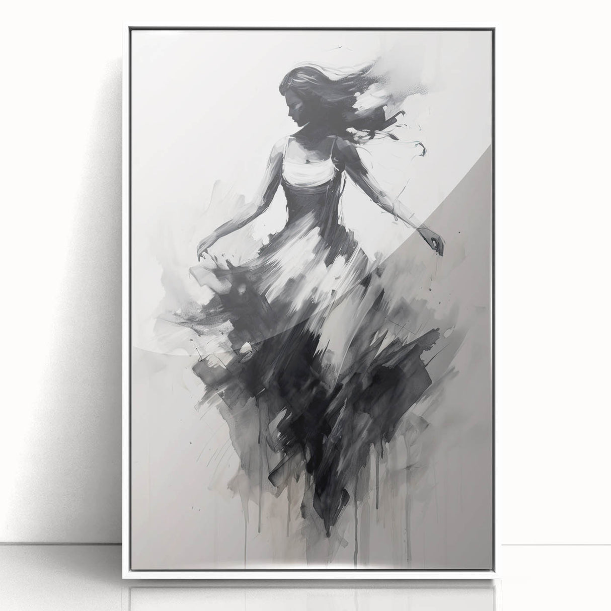 Framed abstract figurative art piece in white, showcasing vibrant colors and fluid shapes, perfect for modern home decor. Ideal for enhancing living spaces.