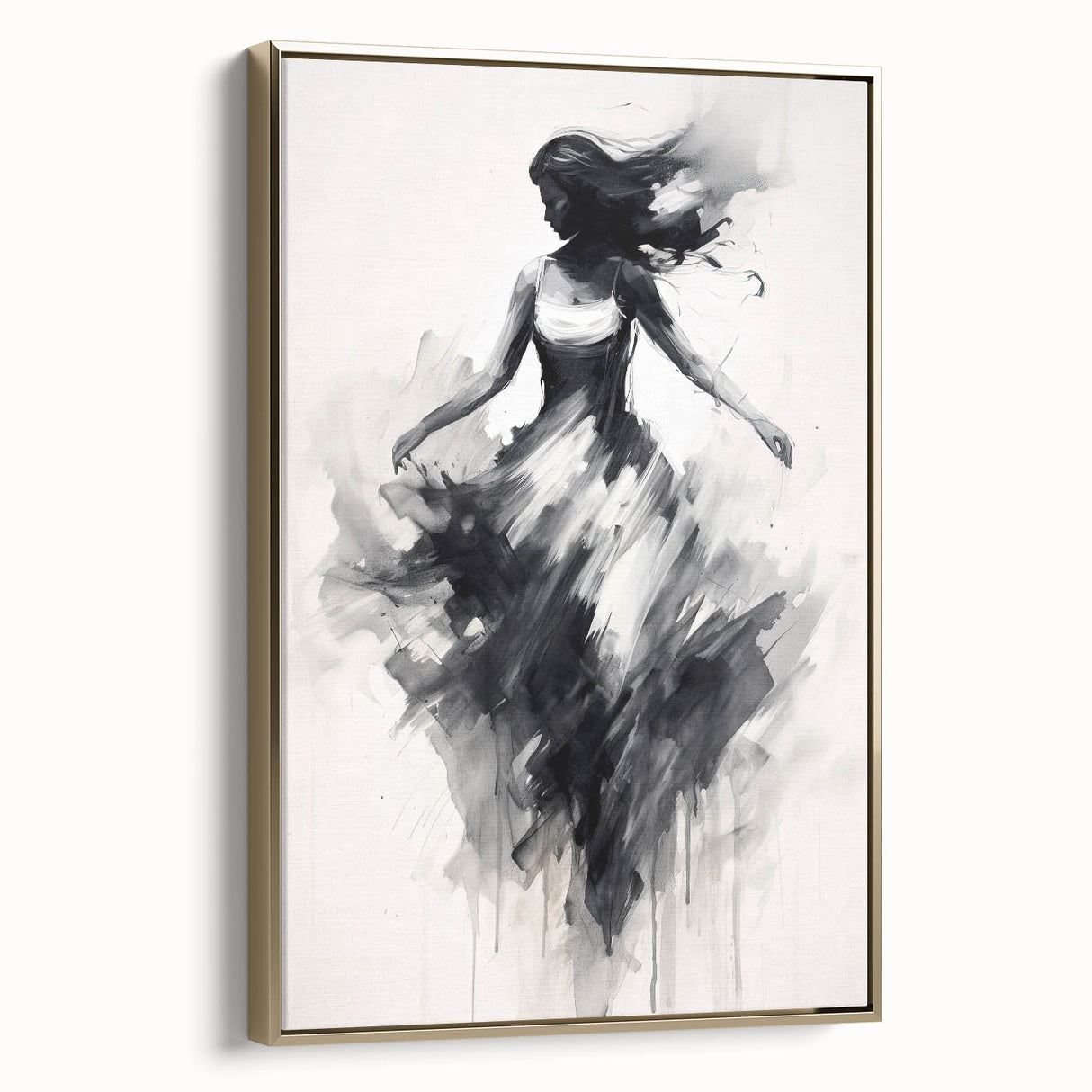 Framed abstract figurative wall art in gold tones, showcasing a modern design with elegant curves, perfect for enhancing contemporary decor.