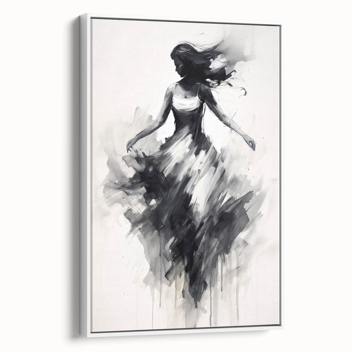 Framed abstract figurative canvas artwork with a white background, showcasing vibrant colors and dynamic shapes, ideal for modern home decor.