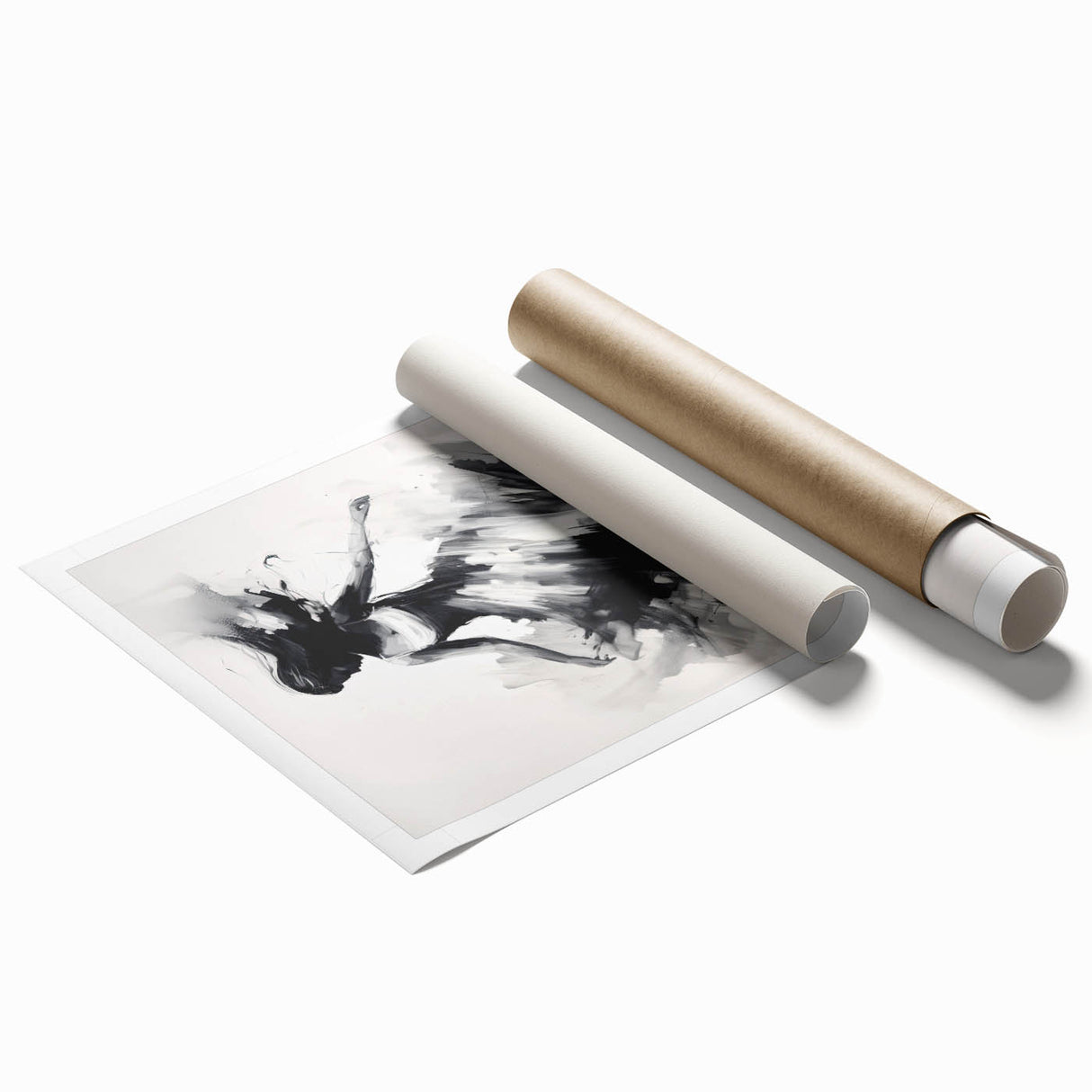 Abstract figurative rolled print showcasing vibrant colors and dynamic shapes, elegantly wrapped in a protective cardboard tube, ideal for modern decor.