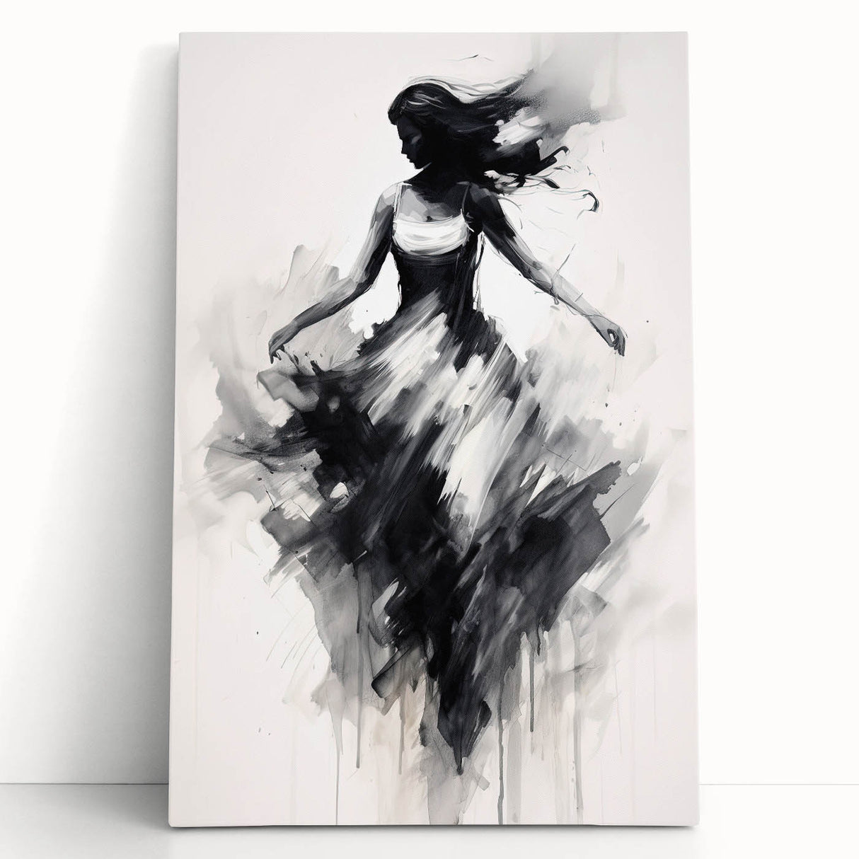 Abstract figurative stretched canvas art piece featuring vibrant colors and dynamic shapes, set against a neutral wall, enhancing modern decor aesthetics.