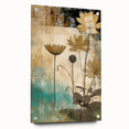 Abstract floral wall art displayed in a side view, featuring vibrant colors and intricate designs on acrylic glass, secured with decorative pins for an elegant finish. This contemporary piece adds a touch of elegance to any modern decor.