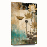 Abstract floral wall art displayed in a side view, featuring vibrant colors and intricate designs on acrylic glass, secured with decorative pins for an elegant finish. This contemporary piece adds a touch of elegance to any modern decor.