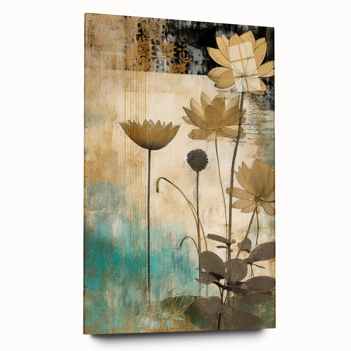 Abstract floral wall art displayed in a sleek acrylic glass frame, showcasing vibrant colors and intricate designs, ideal for modern home decor.