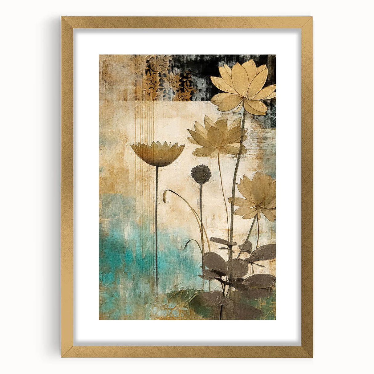 Abstract floral wall art featuring vibrant colors in a gold frame with a white mat, perfect for modern home decor and enhancing interior aesthetics.