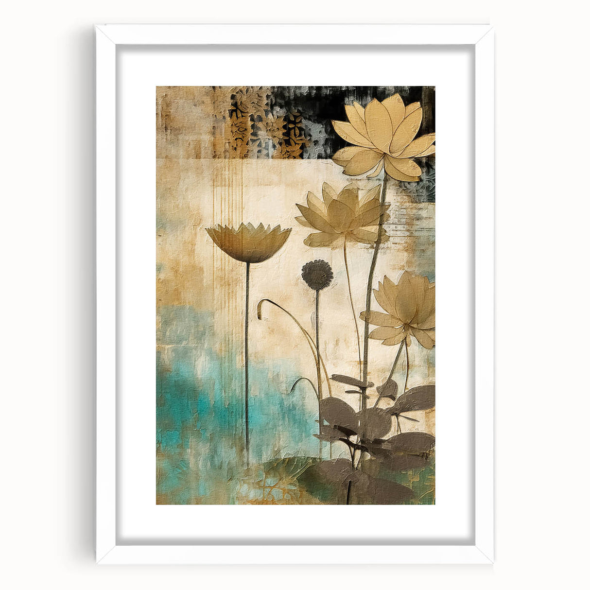 Abstract floral wall art framed in white with a mat, showcasing vibrant colors and intricate designs, perfect for enhancing modern home decor aesthetics.