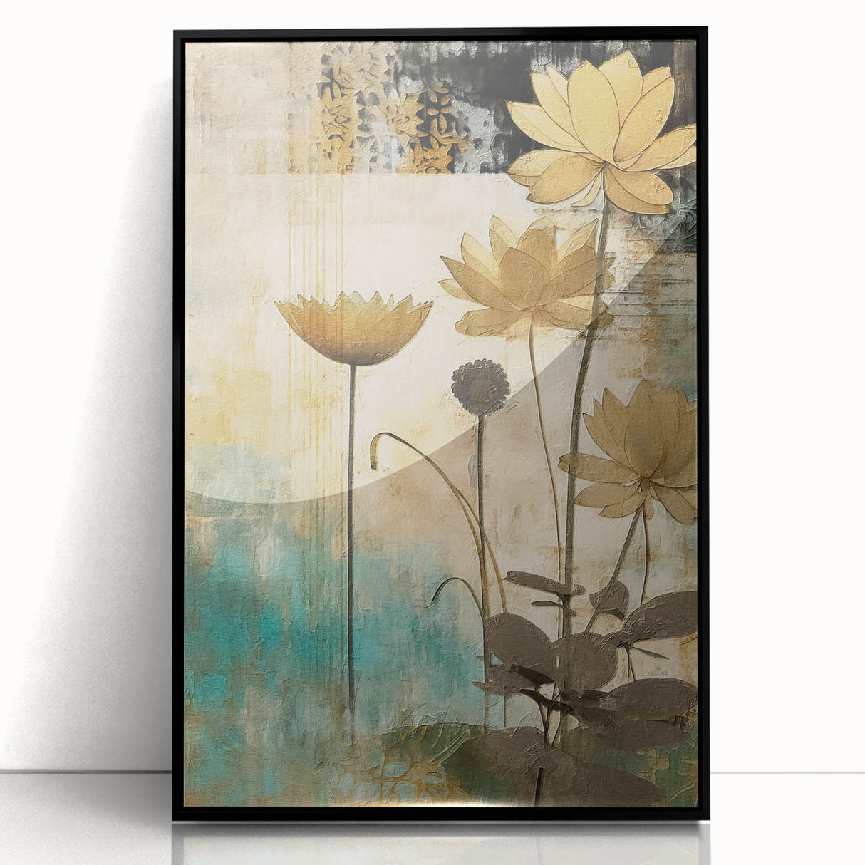 Framed abstract floral wall art in black acrylic, showcasing vibrant colors and intricate designs, perfect for modern home decor or office spaces.