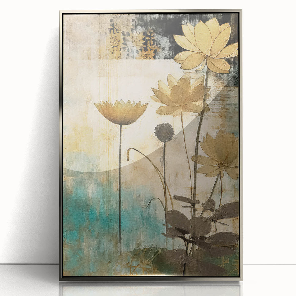 Framed abstract floral wall art in silver acrylic, showcasing intricate patterns and vibrant colors, perfect for modern home decor and artistic enhancement.