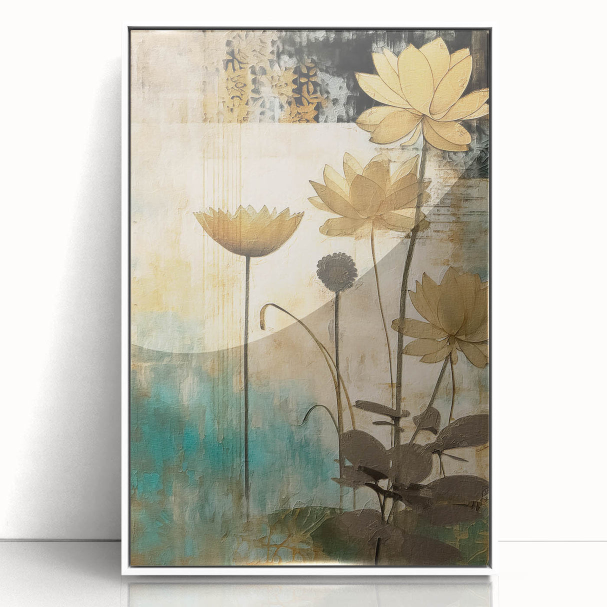 Framed abstract floral wall art featuring vibrant colors and intricate designs in acrylic. The elegant white frame enhances the artwork's aesthetic appeal, perfect for modern home decor.