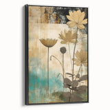 Framed abstract floral wall art in a black frame, showcasing vibrant colors and intricate designs, perfect for modern home decor. Side view highlights the depth and texture of the canvas.