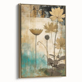 Framed canvas wall art showcasing abstract floral designs in vibrant colors with gold accents, ideal for modern home decor. Side view highlights its elegant frame.