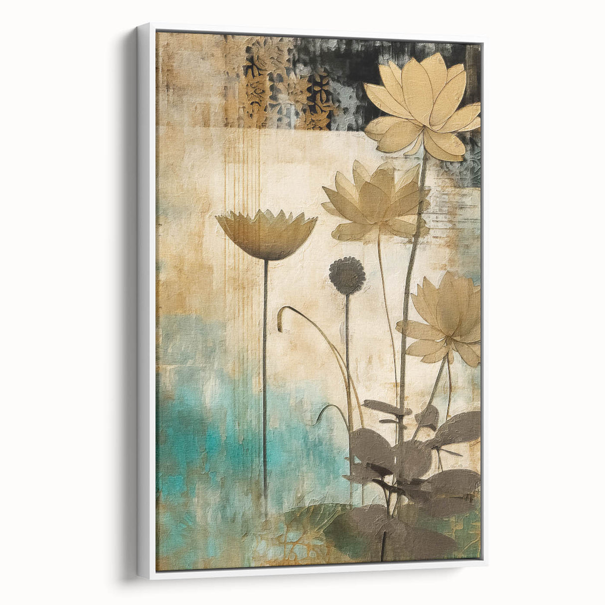 Framed canvas wall art showcasing abstract floral designs in soft pastel hues, presented from a white side view to highlight its elegant profile and texture.