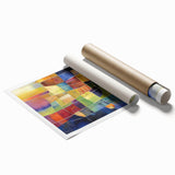 Abstract geometric rolled print showcasing vibrant colors and intricate patterns, elegantly packed in a protective cardboard tube, ideal for modern home decor.