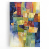 Abstract geometric wall art canvas featuring vibrant colors and intricate patterns, ideal for modern home decor. Front view showcases the stretched design, enhancing any interior space.