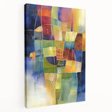 Abstract geometric stretched canvas artwork showcasing vibrant colors and intricate patterns, designed to enhance modern interior decor in living spaces or offices.
