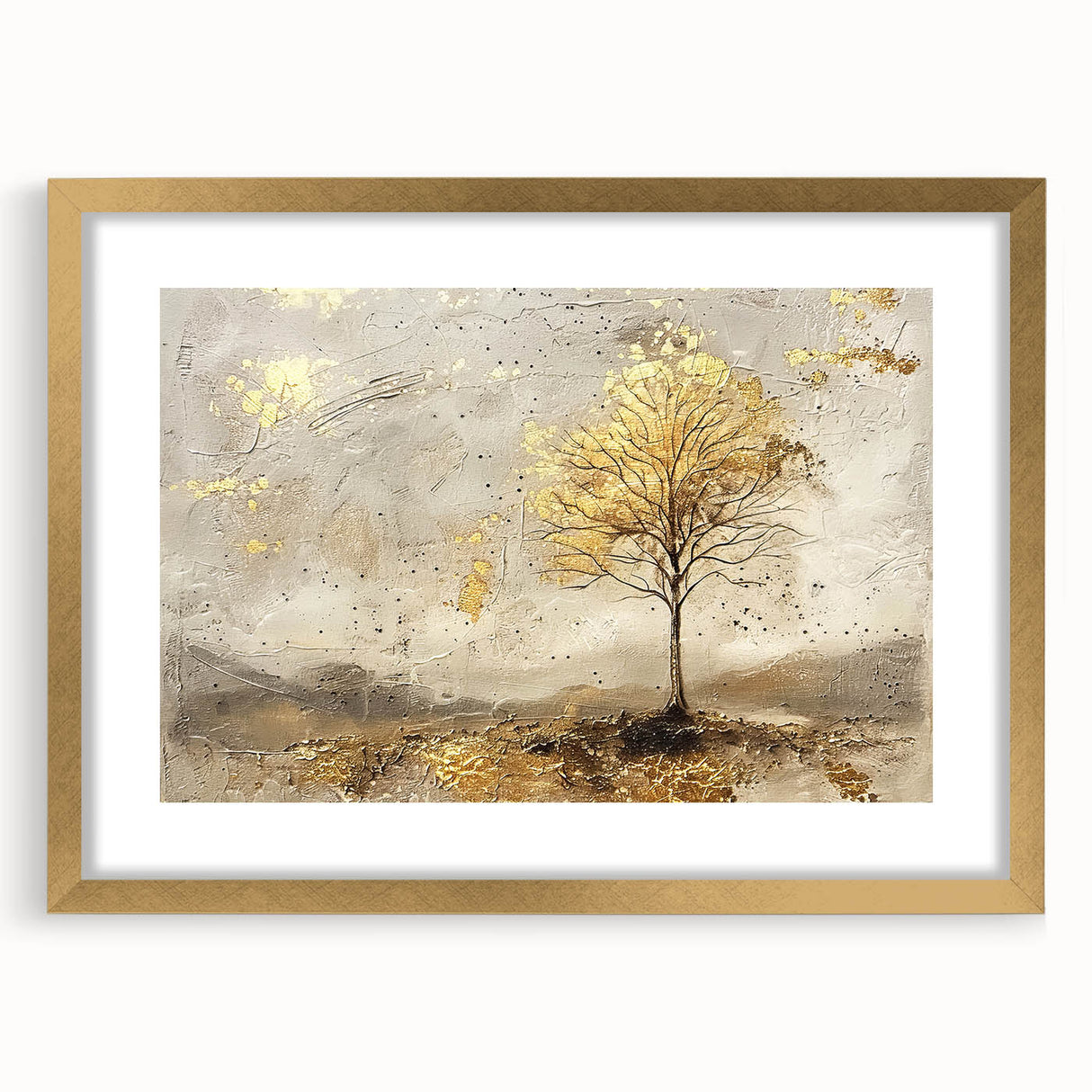 Abstract landscape wall art framed in gold with a mat, showcasing vibrant colors and intricate details, perfect for enhancing modern home decor. Ideal for art enthusiasts seeking unique wall decoration.