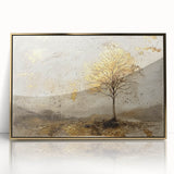 Framed acrylic wall art depicting an abstract landscape with gold accents, set against a modern decor backdrop, perfect for elevating interior spaces.
