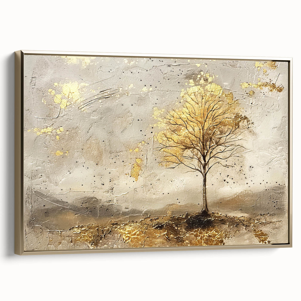 Framed canvas wall art depicting an abstract landscape in warm gold tones, showcasing elegant contours and textures, ideal for modern home decor.