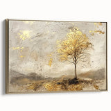 Framed canvas wall art depicting an abstract landscape in warm gold tones, showcasing elegant contours and textures, ideal for modern home decor.