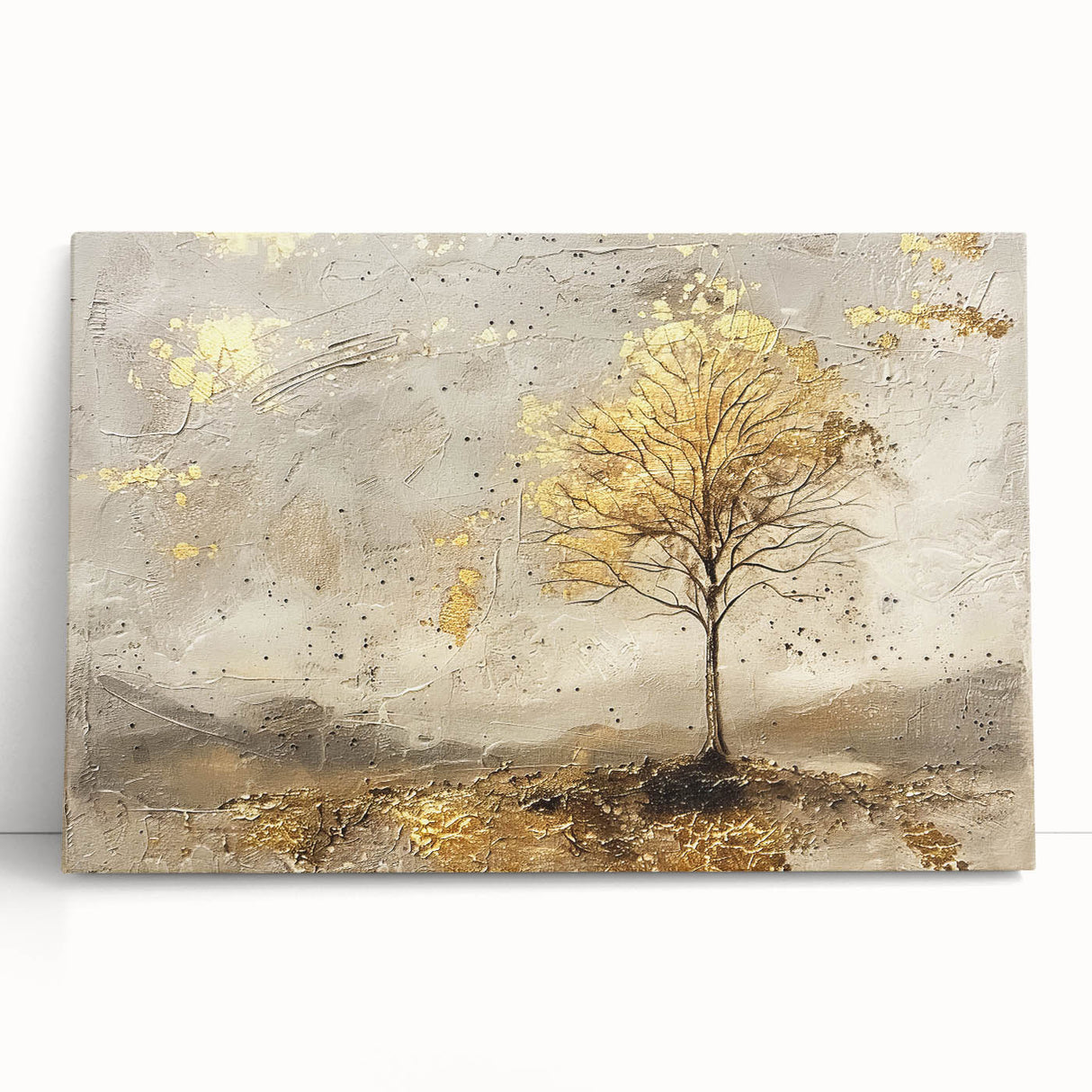 Abstract landscape wall art on stretched canvas, showcasing vibrant colors of orange, blue, and green, perfect for modern home decor. The artwork leans against a neutral wall, emphasizing its unique design and artistic flair.