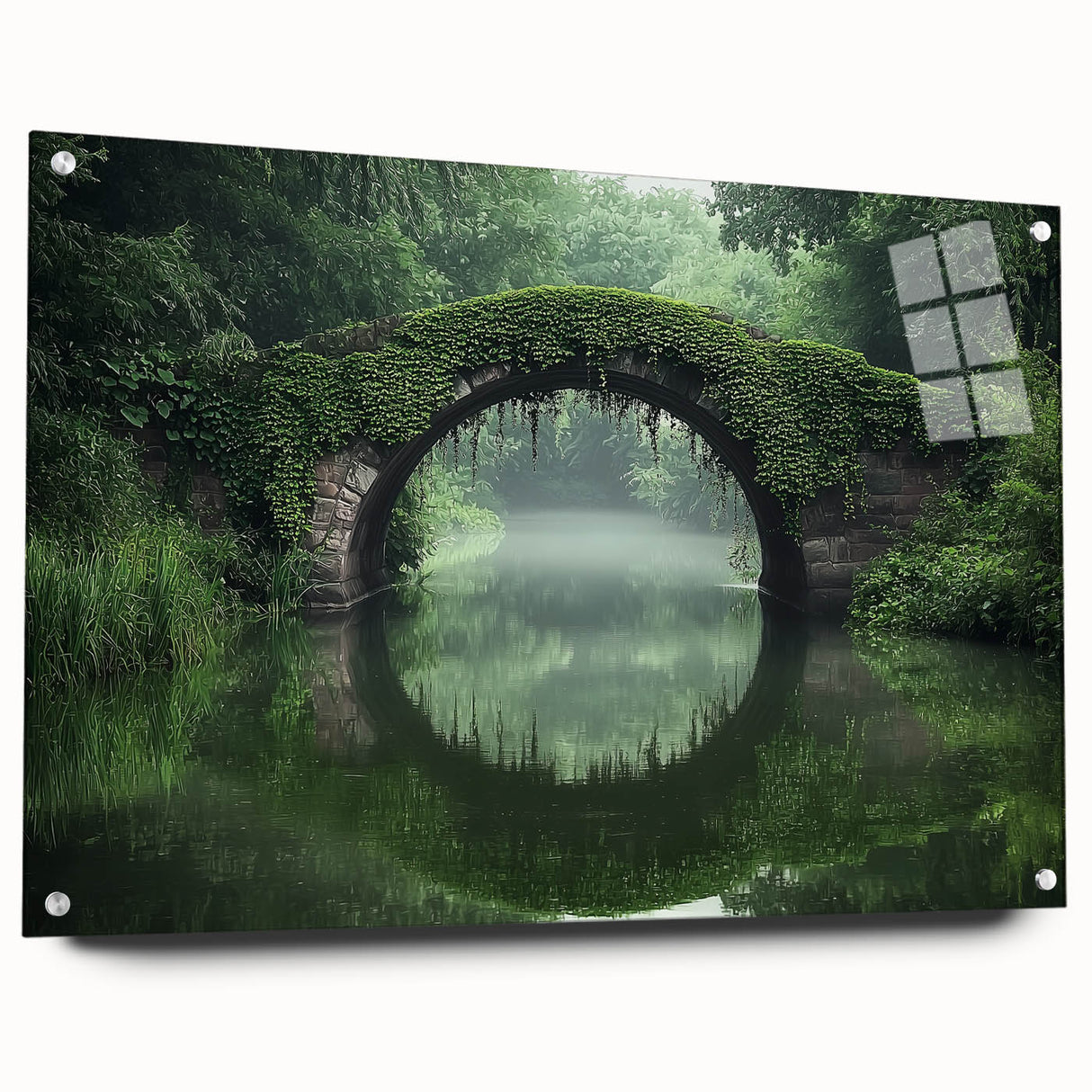 Acrylic glass bridge design showcased in a side view, highlighting intricate details and vibrant colors, secured with pins for stability and aesthetic appeal.