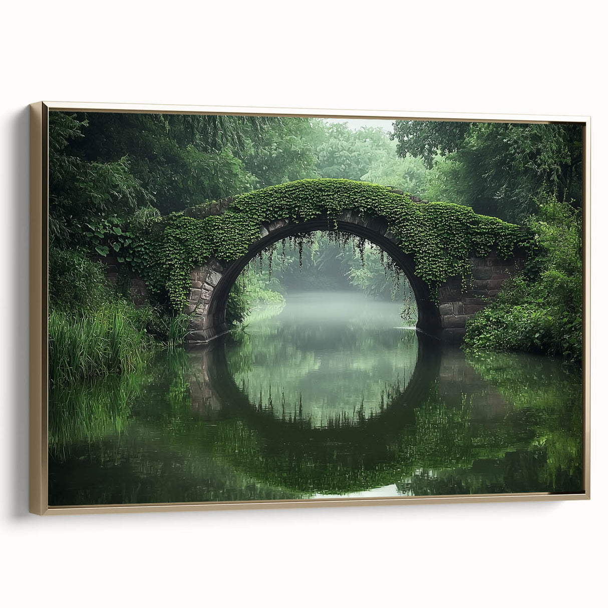 Framed canvas artwork showcasing a stunning landscape bridge design with golden accents, viewed from the side, perfect for enhancing home décor and modern art collections.