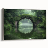 Framed canvas artwork depicting a serene landscape bridge scene, featuring a silver frame that enhances the vibrant colors of the natural scenery, ideal for home decor.