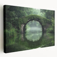Stretched canvas artwork showcasing a serene landscape view of a bridge over a tranquil river, set against lush greenery. Perfect for home decor and nature enthusiasts.