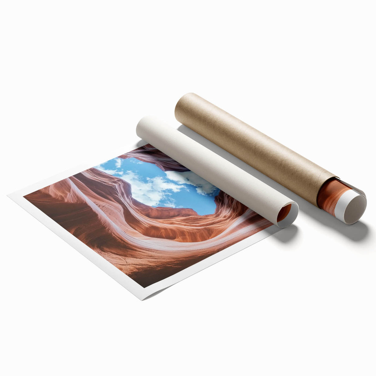 Stunning landscape print of colorful canyons with layered rock formations, beautifully rolled for easy display, perfect for home decor or art enthusiasts.
