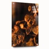 Large abstract wall art depicting fall seasons in orange and brown tones on acrylic glass.