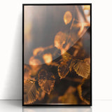 Large abstract wall art depicting autumnal trees in muted orange and brown tones, framed in black acrylic.