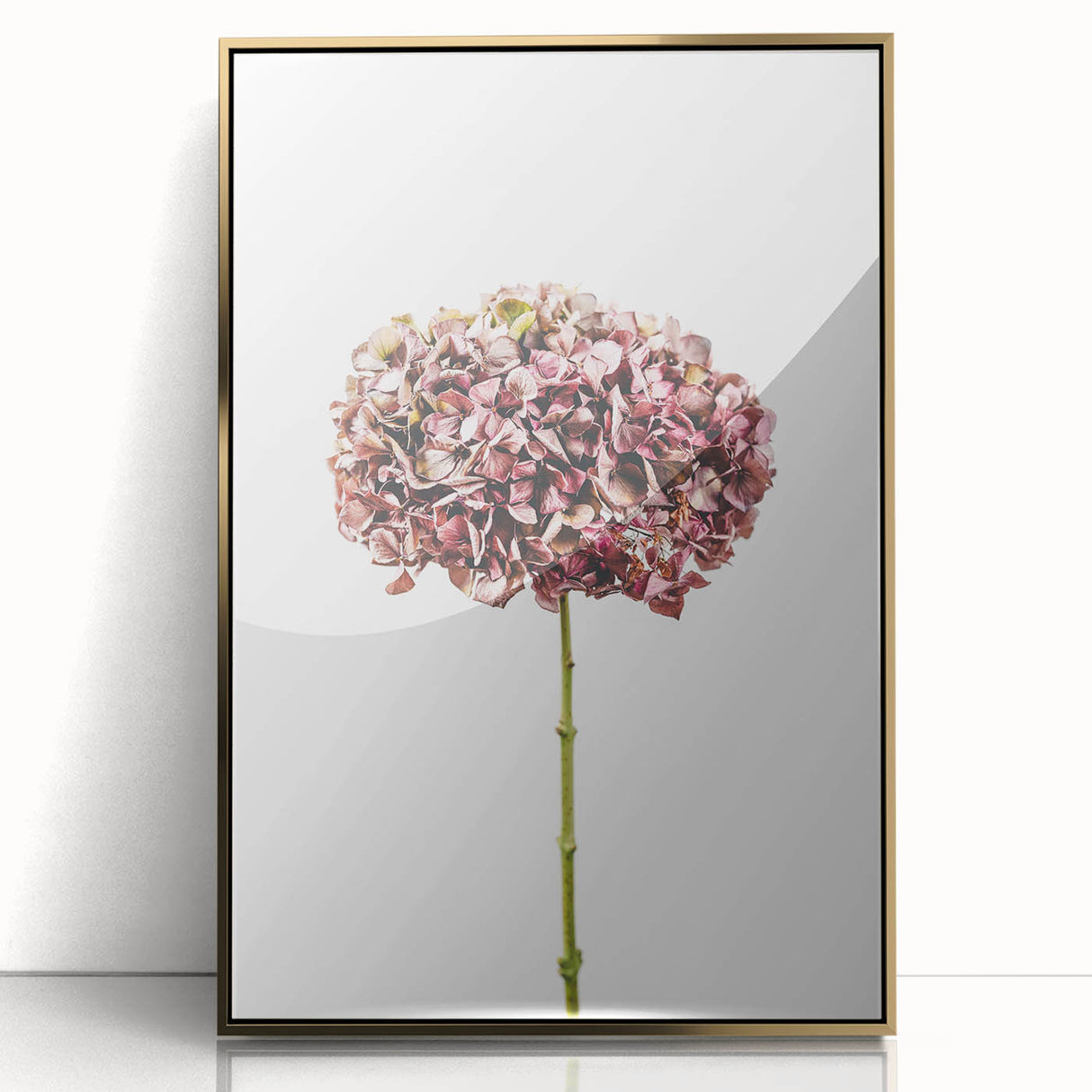 Large art print of a spring scene in mid-century modernist style, acrylic on canvas, framed in gold.