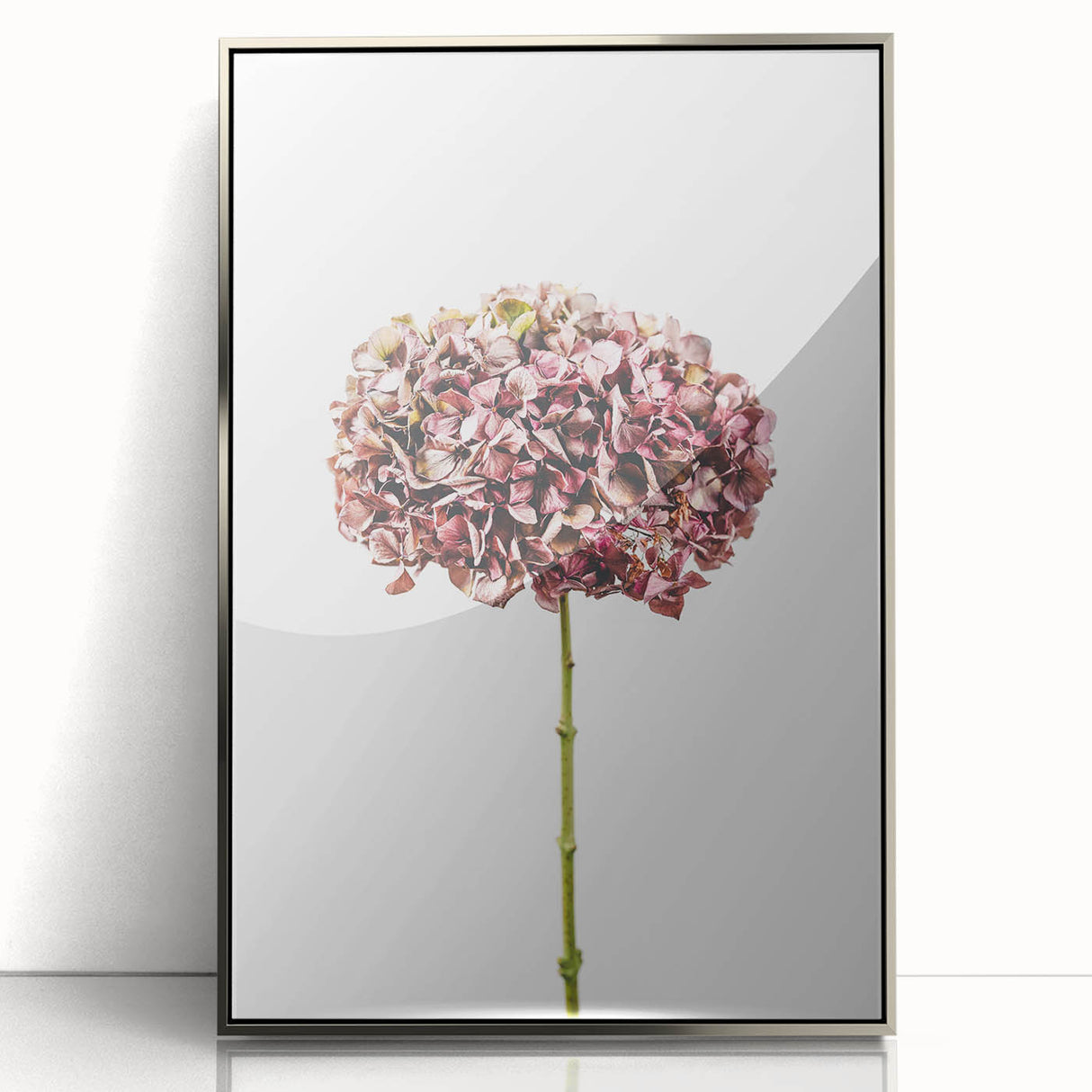Mid-century modernist art depicting spring season in pastel shades on a silver-framed acrylic print.