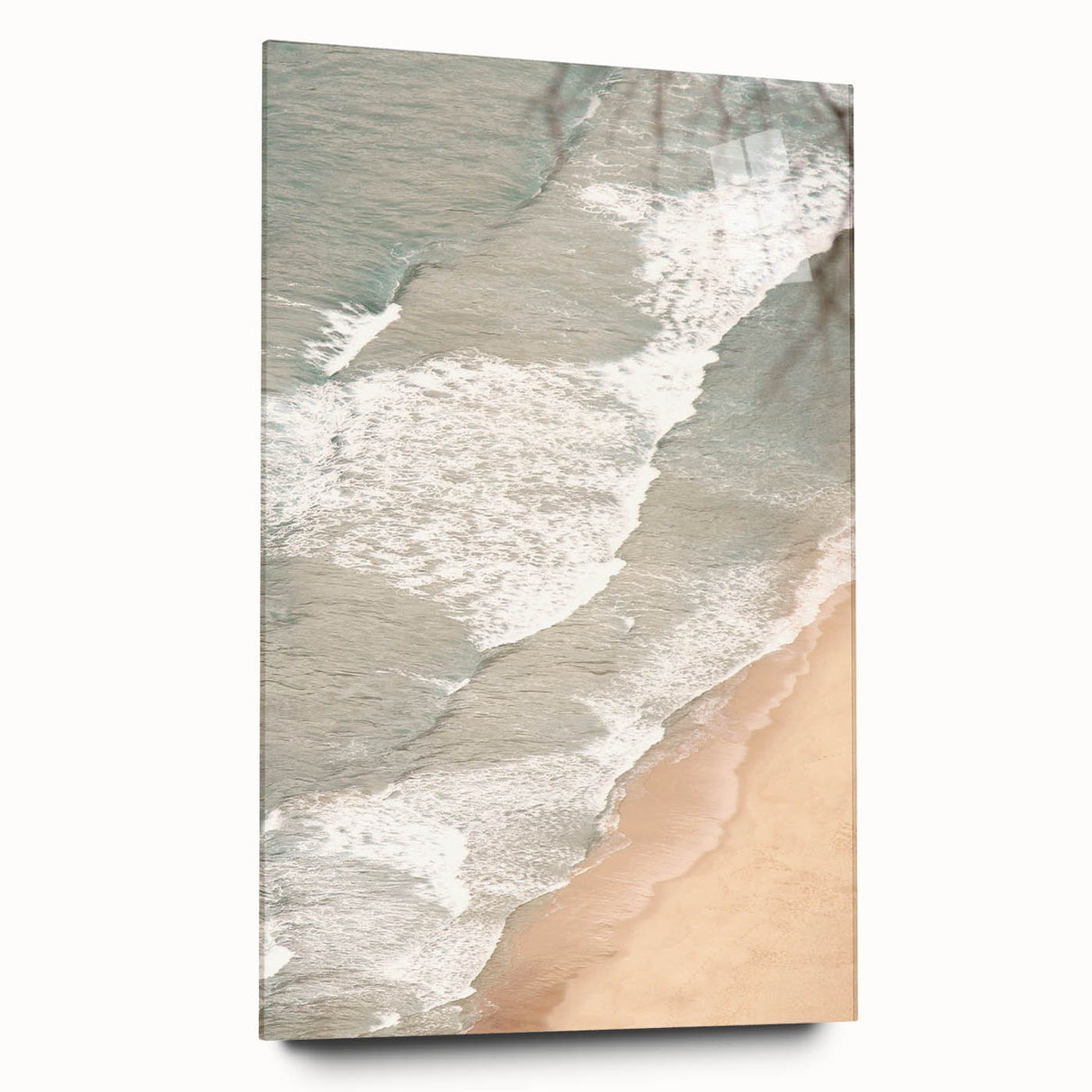 Large abstract wall art in vibrant blue and orange hues on acrylic glass, suitable for bedroom or dining room decor.