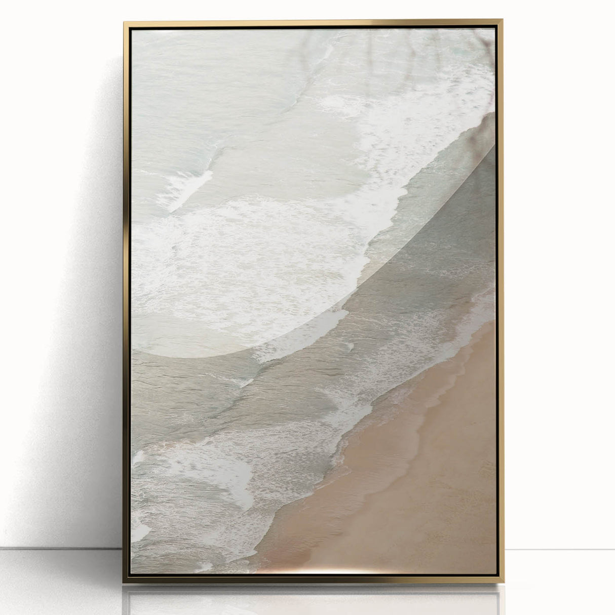 Large art print of a mid-century modernist abstract design in gold and white tones on acrylic.