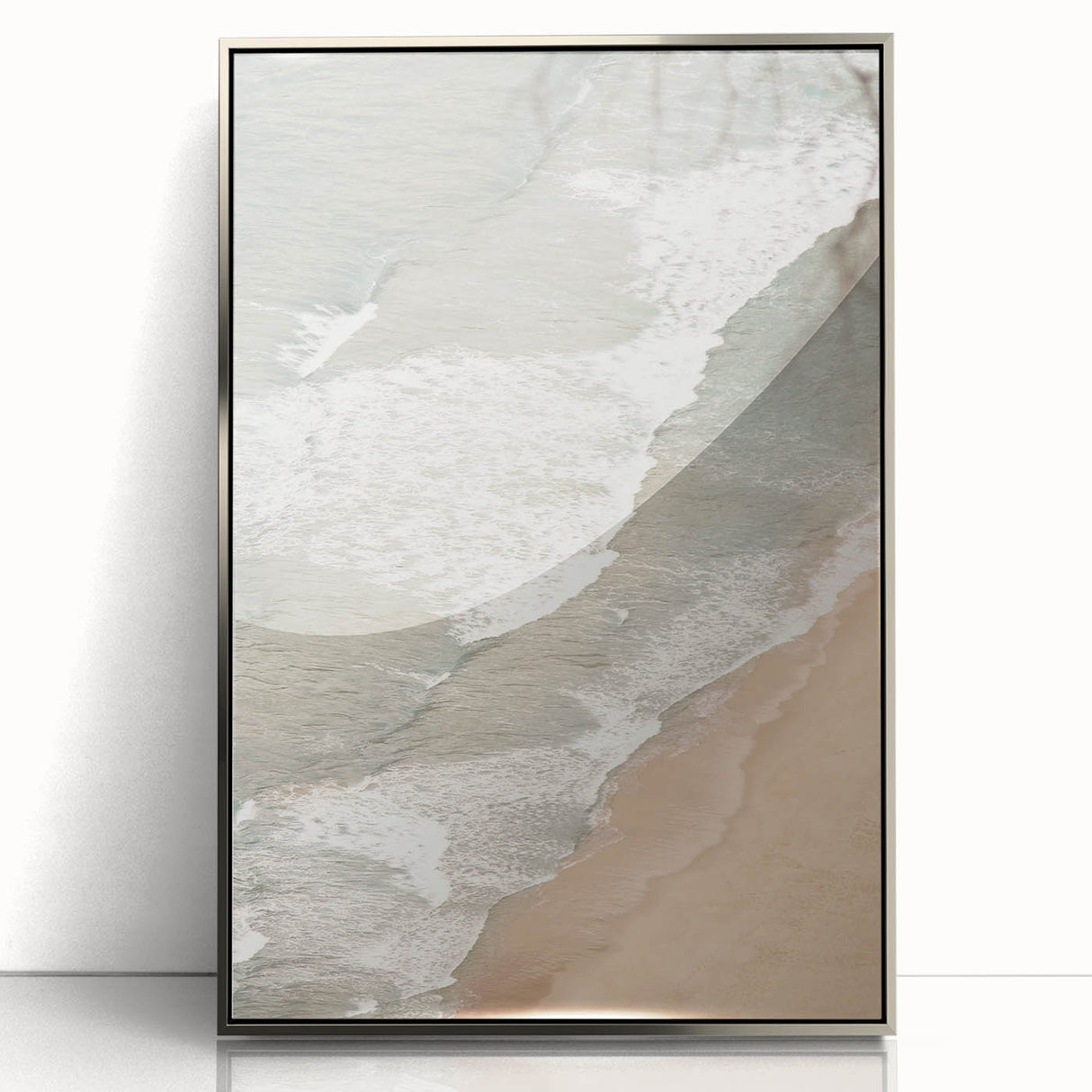 Mid-century modernist art deco poster featuring geometric shapes in pastel colors, framed in silver acrylic.