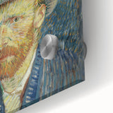 Large abstract wall art print on acrylic glass depicting vibrant swirls in blue and yellow, ideal for dining room decor.