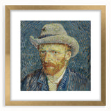 Abstract art print featuring swirling blues and yellows on a gold-framed canvas, suitable for bedroom or dining room decor.